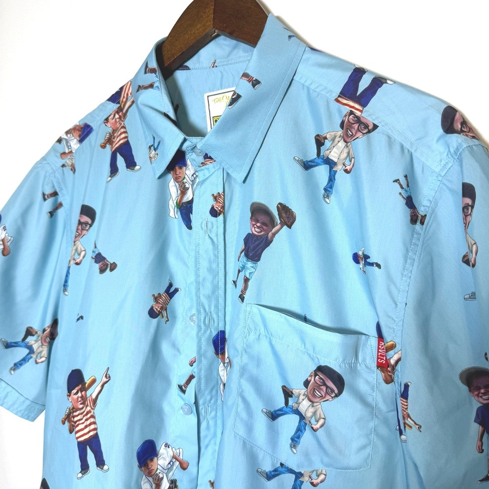 RSVLTS The Sandlot Men Large Short Sleeve Button Down Shirt Blue Baseball Print